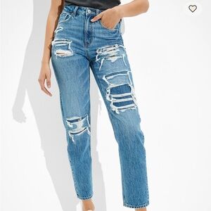 American Eagle Ripped Patchwork Mom Jeans with Flannel Size 4